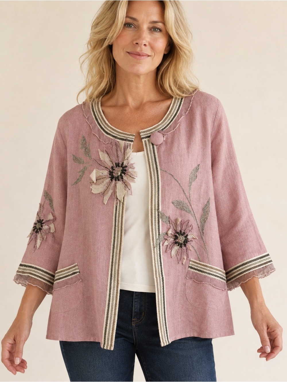 CoVelo Pink Floral Appliqué Embroidered Wearable Art Jacket Size 8